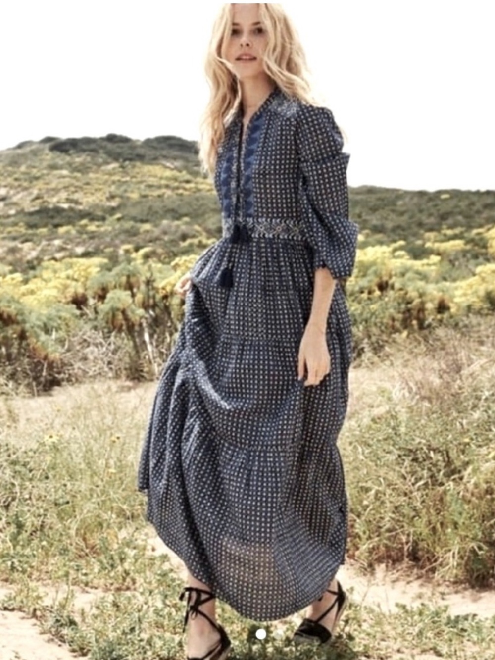 DÔEN Prem Navy Indian Block Print Cotton Maxi Dress